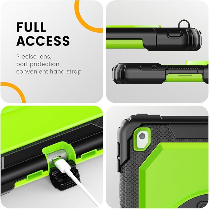 Timecity Case for iPad 9th/ 8th/ 7th Generation 10.2 inch - Heavy Duty Protective Cover with Screen Protector, Rotating Stand, Shoulder Strap & Pencil Holder | Kids-Friendly (Green)