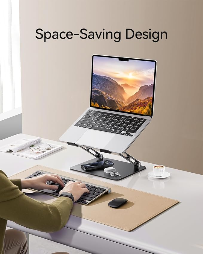 Foldable Aluminum Laptop Stand for 10-17.3" Laptops, Height Adjustable Portable Ergonomic Computer Holder, Space Saving Desk with Heat Dissipation. Compatible with MacBook/Dell/HP etc, Black