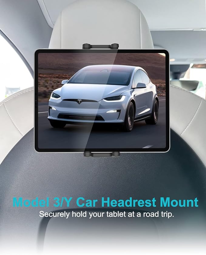 Back Seat Tablet Holder for Tesla, 360° Adjustable Model 3/Y Headrest Tablet Mount for Kids, Metal Model Y Rear Seat Stand for iPad Pro 12.9 Air Mini, Galaxy Tab/Z Fold, Fire hd, 4-13" Device