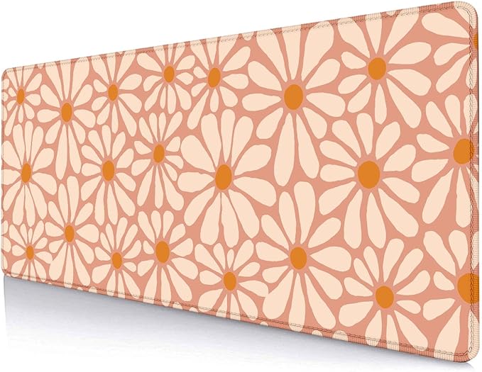 Daisy Flowers Large Mouse Pad, Orange Floral Desk Mat, Modern Aesthetic Computer Desk Pads for Office, Non-Slip Laptop Computer Pad, 31.5x11.8 in