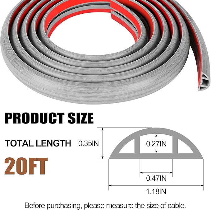 MYFAMIREA 20FT Floor Cord Cover for Wire Self Adhesive Cable Cavity Management PVC Extension Cord Hider Power Floor Wire Protector Cover Prevent Cable Trips for Office Home Outdoor (Gray Wood, 1.18'')