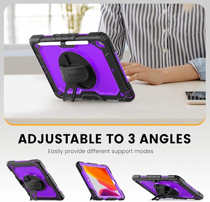 Timecity Case for iPad 9th/ 8th/ 7th Generation 10.2 inch - Heavy Duty Protective Cover with Screen Protector, Rotating Stand, Shoulder Strap & Pencil Holder | Kids-Friendly (Purple)