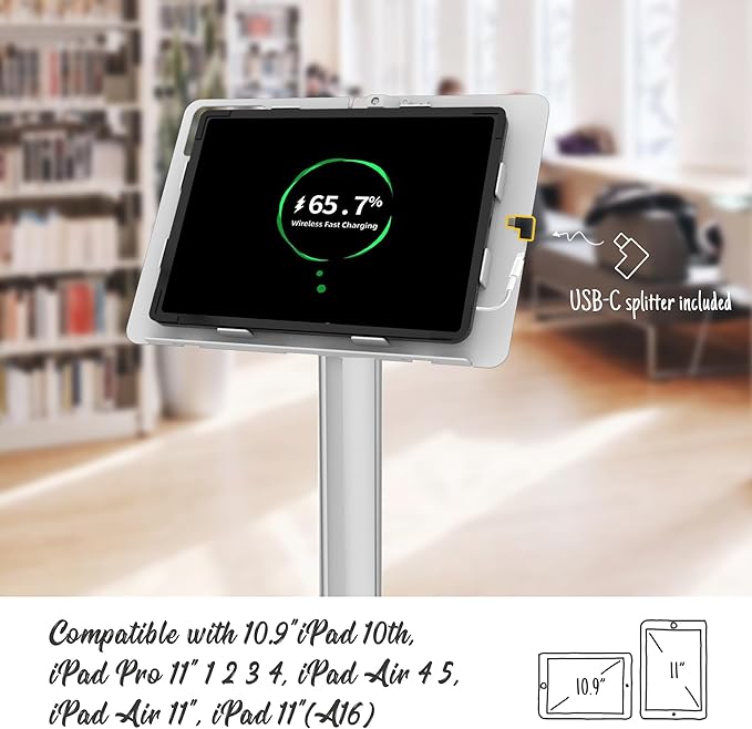 Tablet Floor Stand, Anti-Theft, Rotate Lockable Metal Tablet Enclosure+Aluminum Pole+Metal Base, Compatible with 10.9" iPad 10th, Pro 11" 1 2 3 4, Air 4 5, Air 11", iPad 11"(A16)