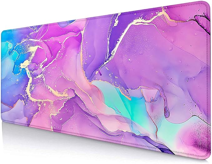 Pink Marble Large Mouse Pad, Purple & Blue Golden Desk Mat, Modern Abstract Computer Desk Pads for Office, Non-Slip Laptop Computer Pad, 31.5x11.8 in