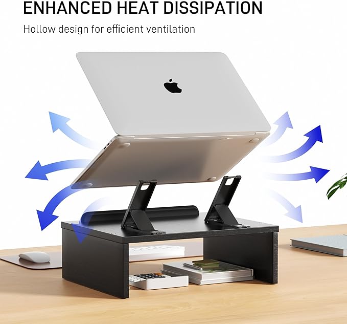 Adjustable Wood Laptop Stand with Storage Space - Notebook Organizer & Ergonomic Computer Riser, Wrist Rest Included, Compatible with 9.8-15'' Laptops (MacBook Air Pro/HP/Dell/Lenovo),Black