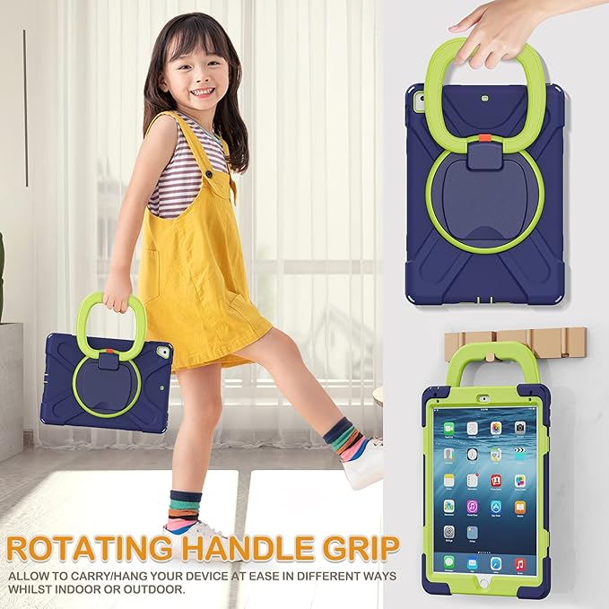 BRAECN Case for iPad 9.7”, iPad 6th/5th Generation 2018/2017, iPad Air 2, Hybrid Shockproof Rugged Drop Protection Cover with Kickstand, Pencil Holder, Carrying Strap, Hand Grip for Kids-Navy+Green