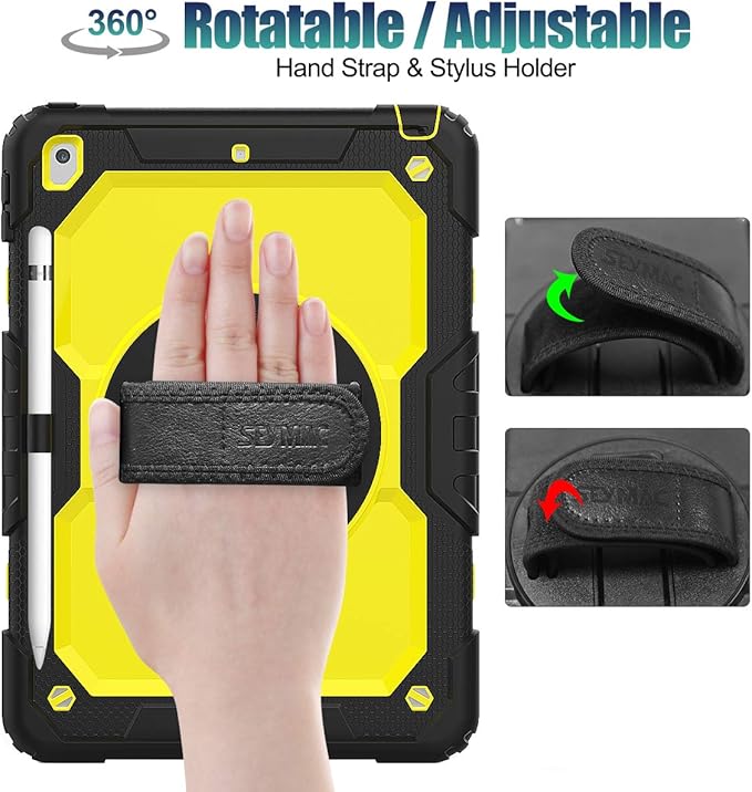 SEYMAC stock Case for iPad 9th/ 8th/ 7th Generation 10.2'', Shockproof with Screen Protector, Pencil Holder [360° Rotating Hand Strap] & Stand, for iPad 10.2 inch 2021-2019 (Yellow+Black)