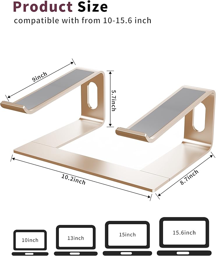 ALASHI Laptop Stand for Desk, Aluminum Computer Riser, Ergonomic Notebook Holder, Detachable Metal Laptops Elevator, PC Cooling Mount Support 10 to 15.6 Inches Notebook, Gold