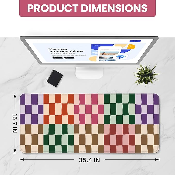 Large Mouse Pad for Desktop, Cute Desk Mat Pad Protector for Work & Gaming, Aesthetic Pretty Anti-Slip Laptop Blotter Cover for Office School Home Supplies, Checkered, 35.4" x 15.7"