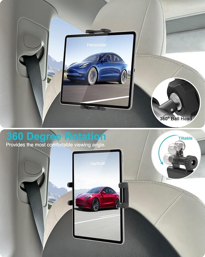 Back Seat Tablet Holder for Tesla, 360° Adjustable Model 3/Y Headrest Tablet Mount for Kids, Metal Model Y Rear Seat Stand for iPad Pro 12.9 Air Mini, Galaxy Tab/Z Fold, Fire hd, 4-13" Device