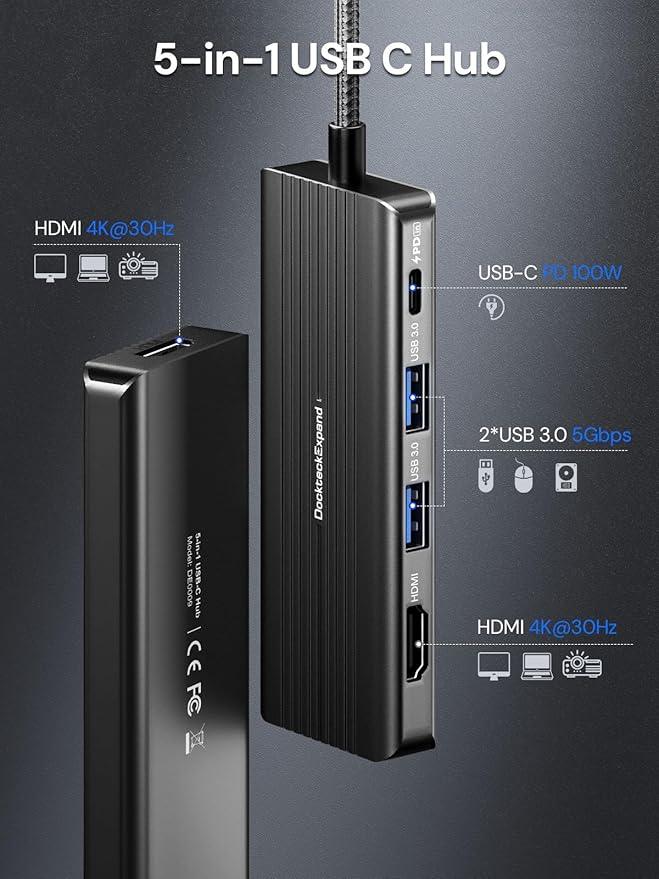 USBC to HDMI, DockteckExpand 5-in-1 USB C Hub with Dual HDMI 4K@30Hz, 2 USB 3.0 Ports, 100W PD Charging – Compatible with MacBook, Dell, Chromebook & More