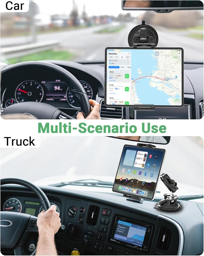 Windshield Tablet Mount with Vacuum Suction Cup for Car/Truck, [360° Metal Foldable Adjustable Arm] Dashboard Tablet Holder for iPad Pro/Air/Mini, Galaxy, 6.1-15.6" Device and Thickness Case