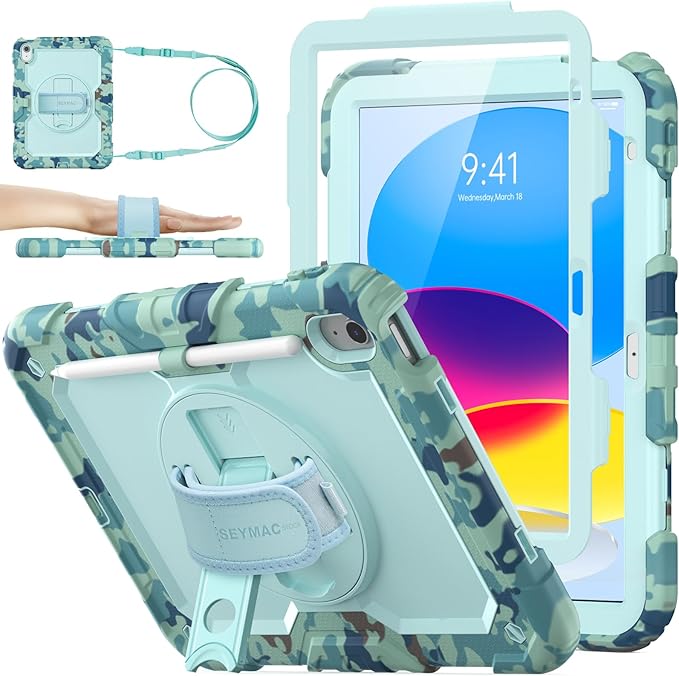 SEYMAC stock Case for iPad (A16) 11th/10th Generation 11''/10.9'' 2025/2022, Full-Body Drop Protection Case with Screen Protector &360° Rotate Hand Strap/Stand, SkyBlue Camo