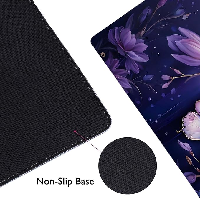 Gold Butterfly Desk Pads, Purple Floral Large Mousepad, Flowers Desk Mats, Modern Beutiful Extended Mouse Pad for Laptop, Gaming Pad for Women Girls Computer Office, 31.5x11.8 in