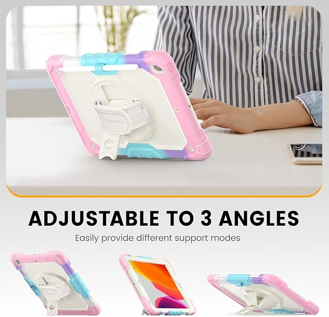 Timecity Case for iPad 9th/ 8th/ 7th Generation 10.2 inch - Heavy Duty Protective Cover with Screen Protector, Rotating Stand, Shoulder Strap & Pencil Holder | Kids-Friendly (Pink Camo)