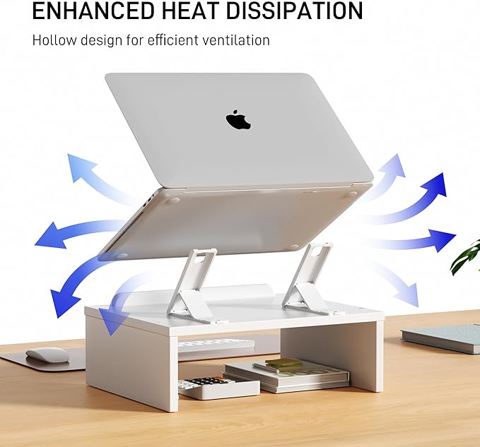 Adjustable Wood Laptop Stand with Storage Space - Notebook Organizer & Ergonomic Computer Riser, Wrist Rest Included, Compatible with 9.8-15'' Laptops (MacBook Air Pro/HP/Dell/Lenovo),White