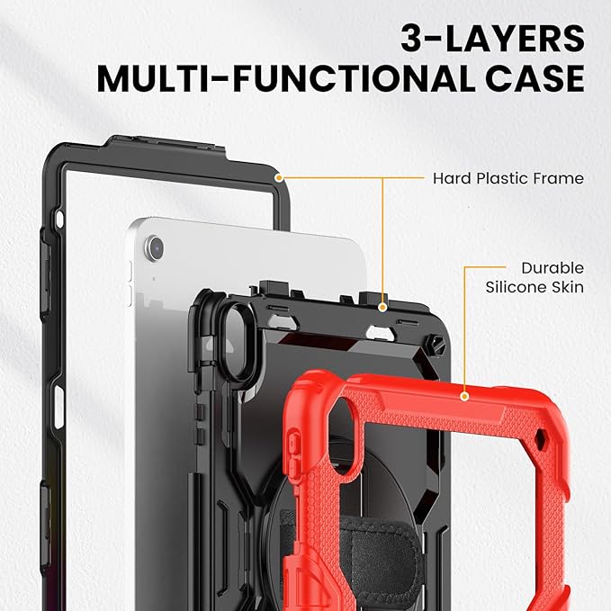 timecity for iPad (A16) 11th/ 10th Generation Case 11''/ 10.9 Inch (2025/2022) - Heavy Duty Protective Cover with Screen Protector, Stand, Shoulder Strap & Pencil Holder | Kids-Friendly - Red