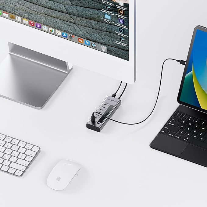 Powered USB C Hub, PULWTOP 7 in 1 USB C Hub Support Data 10Gbps & Charging(Not Support Video), USB C Powered Hub 10Gbps Ports for iMac, MacBook Pro/Air, iPad, XPS, USB Hub with 35W PD Power Adapter