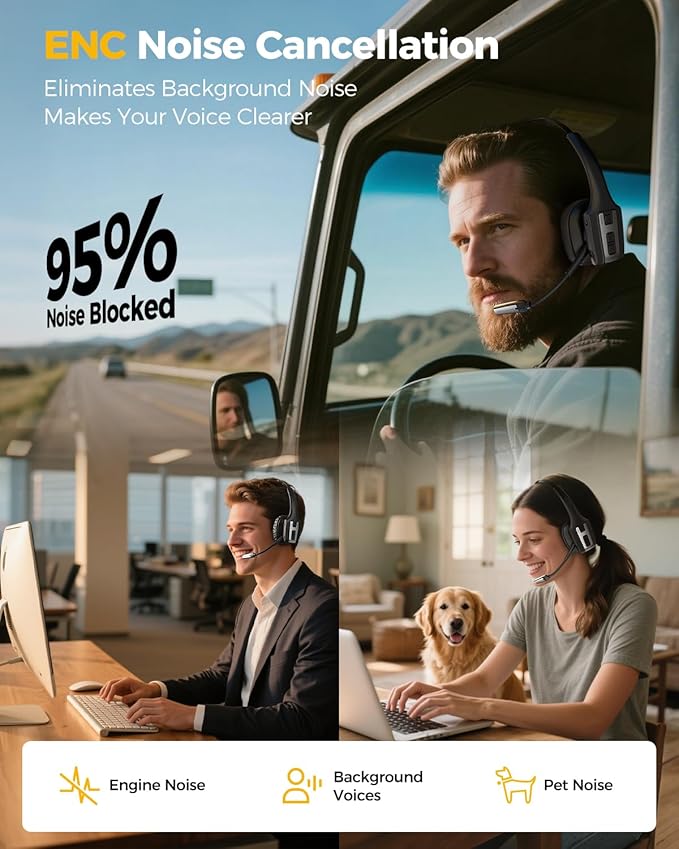 Trucker Bluetooth Headset, Wireless Headset with Mic for Work, Upgraded V5.3 Dual Noise Cancelling Microphones, Mute Button, Multipoint, 53H Battery, for Truck Drivers, Work from Home Office Phone