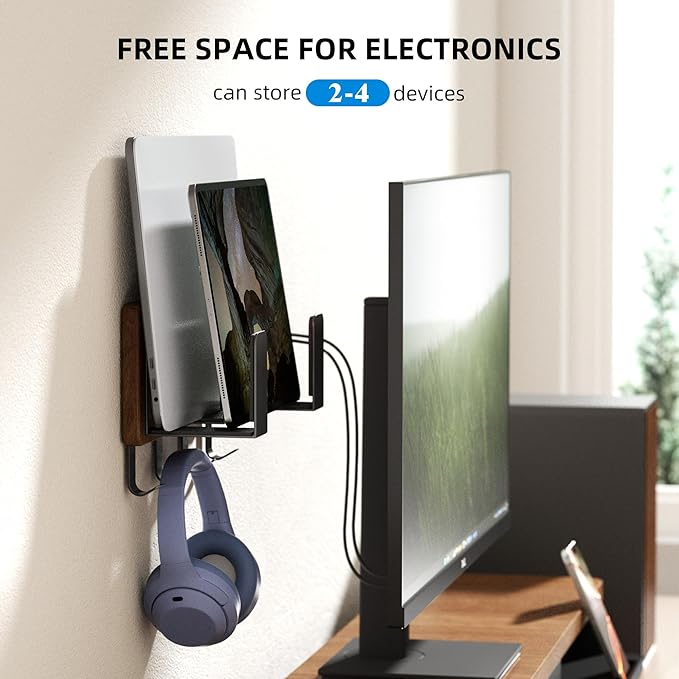 Universal Laptop Wall Mount Holder, Adjustable Metal Desk Organizer with Hooks | Ventilated Cooling & Anti-Scratch Pads | Compatible with 10-17.3 inch Laptop, Tablet, Keyboard, Router, Modem