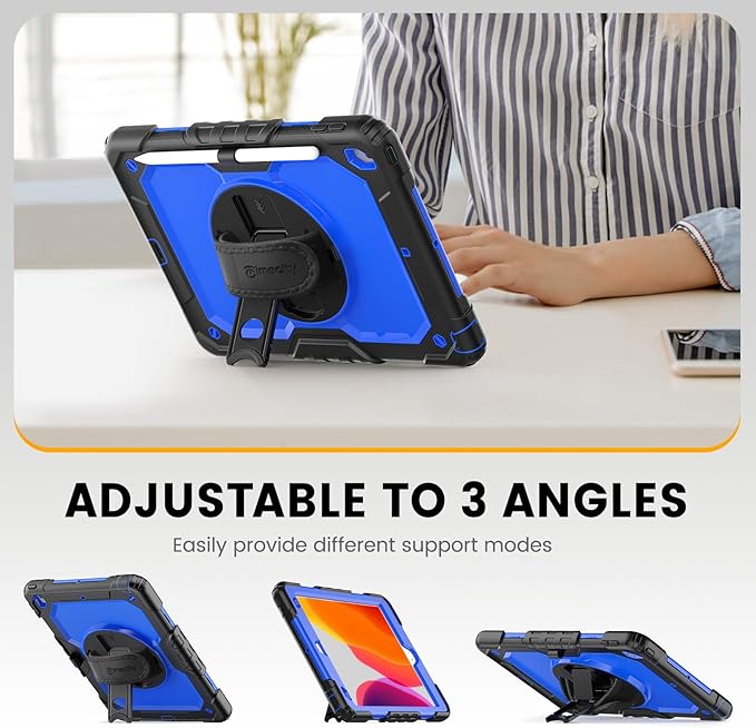 Timecity Case for iPad 9th/ 8th/ 7th Generation 10.2 inch - Heavy Duty Protective Cover with Screen Protector, Rotating Stand, Shoulder Strap & Pencil Holder | Kids-Friendly (Dark Blue)