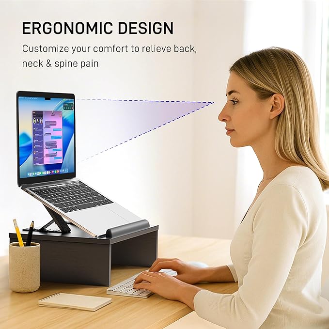 Adjustable Wood Laptop Stand with Storage Space - Notebook Organizer & Ergonomic Computer Riser, Wrist Rest Included, Compatible with 9.8-15'' Laptops (MacBook Air Pro/HP/Dell/Lenovo),Black
