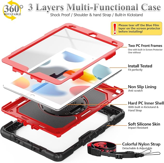 SEYMAC stock Case for iPad 9th/ 8th/ 7th Generation 10.2'', Shockproof with Screen Protector, Pencil Holder [360° Rotating Hand Strap] & Stand, for iPad 10.2 inch 2021-2019 (Red+SiliconeBlack)