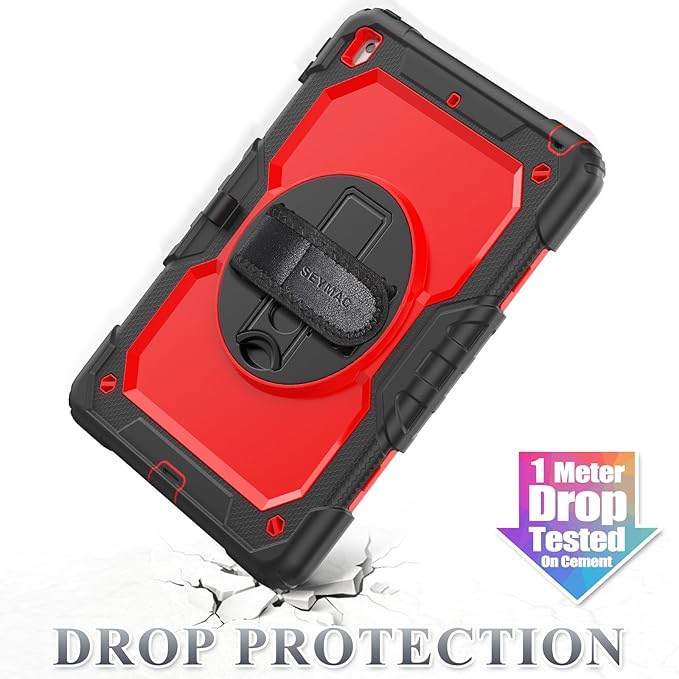 SEYMAC stock Case for iPad 9th/ 8th/ 7th Generation 10.2'', Shockproof with Screen Protector, Pencil Holder [360° Rotating Hand Strap] & Stand, for iPad 10.2 inch 2021-2019 (Red+SiliconeBlack)