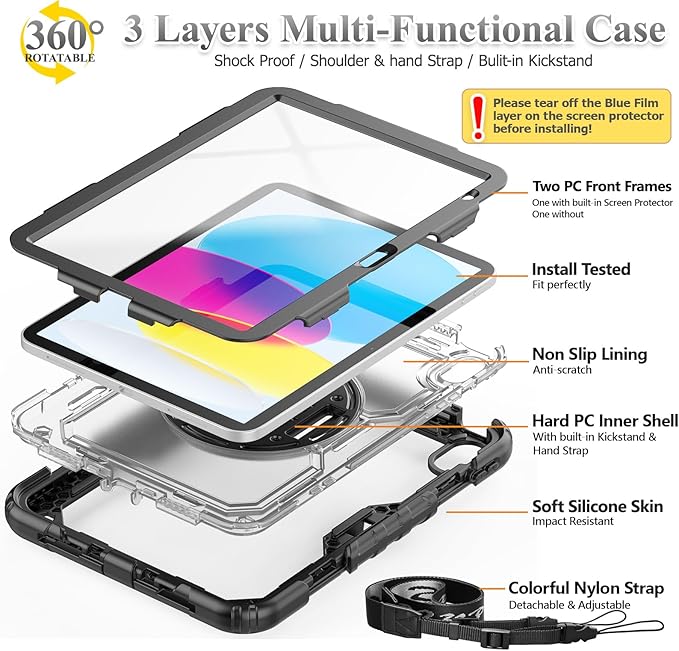 SEYMAC stock Case for iPad (A16) 11th/10th Generation 11''/10.9'' 2025/2022, Full-Body Drop Protection Case with Screen Protector &360° Rotate Hand Strap/Stand, Transparent+Black
