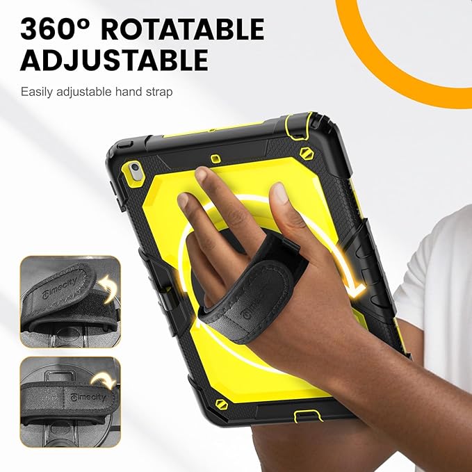 Timecity Case for iPad 9th/ 8th/ 7th Generation 10.2 inch - Heavy Duty Protective Cover with Screen Protector, Rotating Stand, Shoulder Strap & Pencil Holder | Kids-Friendly (Yellow)