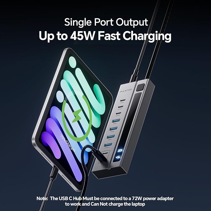 Powered USB C Hub, 9-in-1 USB-Hub suppprt 10Gbps & PD 45W Max Charging(Not Support Video), USB Powered Hub with 3 USB-C, 4 USB-A for Laptop, MacBook, iPad and More (72W Adapter Included)