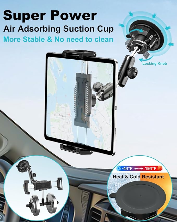 Car Tablet Mount Dashboard, [UP to 15.6"] Ultra-Stable Suction Cup Tablet Holder for Truck, Heavy Duty Vehicle Windshield Cradle for iPad Pro 12.9 Air Mini, Galaxy tab, iPhone, 6.1-15.6" Device