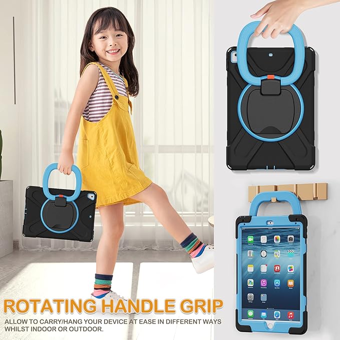 BRAECN Case for 9.7" iPad 6th/5th Generation, iPad Air 2 & iPad Pro 9.7-Inch, Heavy Duty Rugged Silicone Cover with 360 Rotating Handle Grip, Pencil Holder, Kickstand, Shoulder Strap - Black+Blue