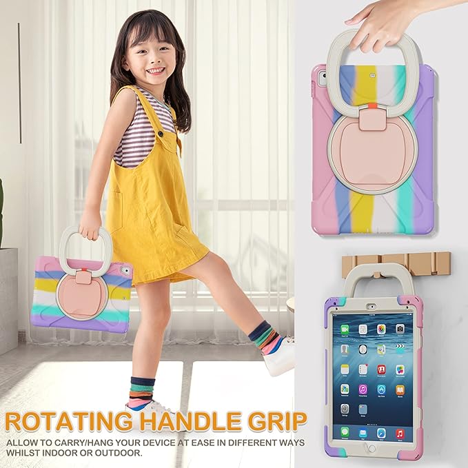 BRAECN for 9.7” iPad 6th/5th Generation Cases, iPad Air 2/ iPad Pro 9.7 Kids Case-Heavy Duty Silicone Cover with Stable Kickstand, Multi-Functional Grip, Carrying Strap, Pencil Holder-Colorful Pink