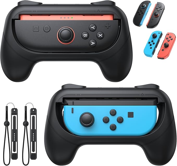 [Switch 1/2 Compatible] FASTSNAIL Grips for Nintendo Switch 2(2025)/1&OLED for Joy-Con 2, Wear-Resistant & Anti-Slip Controller Grips Handle Kit, Switch 2 Joypad Holder Accessories (Black,Black)