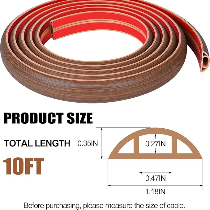 MYFAMIREA 10FT Floor Cord Cover for Wire Self Adhesive Cable Cavity Management PVC Extension Cord Hider Power Floor Wire Protector Prevent Cable Trips for Office Home Outdoor (Dark Brown Wood, 1.18'')