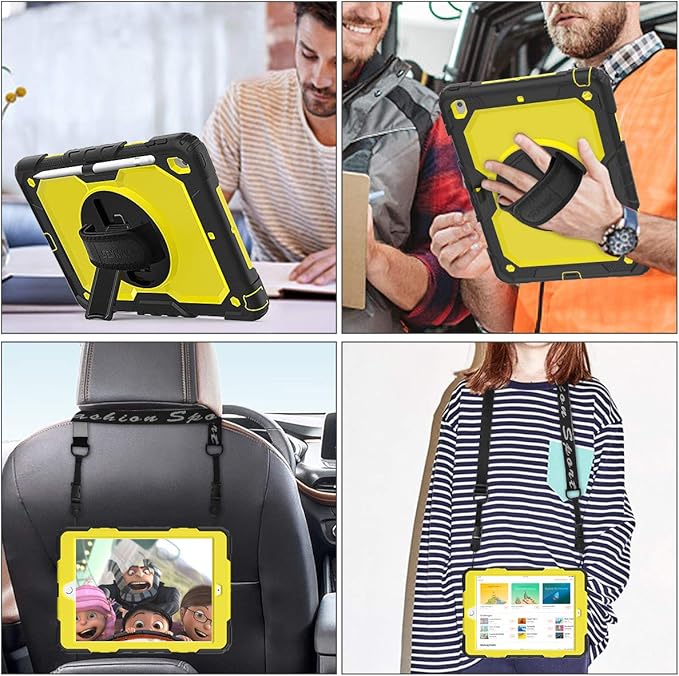 SEYMAC stock Case for iPad 9th/ 8th/ 7th Generation 10.2'', Shockproof with Screen Protector, Pencil Holder [360° Rotating Hand Strap] & Stand, for iPad 10.2 inch 2021-2019 (Yellow+Black)