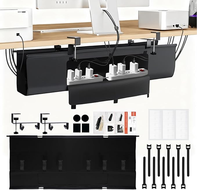 No Drill Under Desk Cable Management Tray - 36" Premium Fabric Cord Organizer for Table - with Silicone Pads & Cable Ties & Sticky Notes - Supports Up to 30lbs for Office & Home