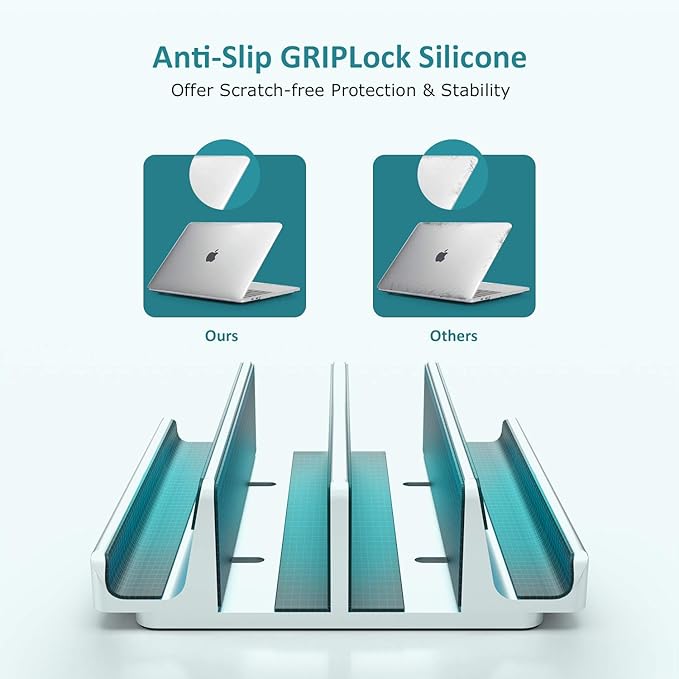 Vertical Laptop Stand - SPACEMax Adjustable GRIPLock Anti-Tip Silicone 4 Slots Aluminum Desktop Holder - Double Dock Stand - 2 Phone Slots Fits Up to 17.3” Laptops, Tablets, Phones - Silver