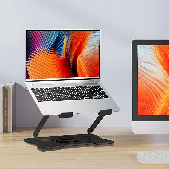 Djustable Laptop Stand with Dual Cooling Fans, Height Adjustable Ergonomic Aluminum Laptop Riser, 360° Rotating Base for Home Office & Gaming