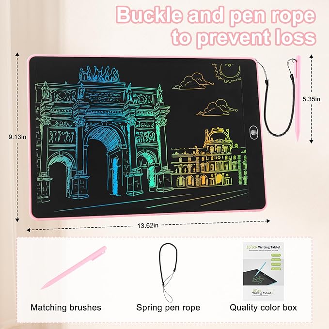 Drawing Tablet 16 Inch LCD Writing Tablet for Kids Adults, Girl Toys Doodle Board Christmas Gifts Sensory Toys for Ages 3-8 Road Trip Activities Valentines Day Gifts for Kids Women（Pink）