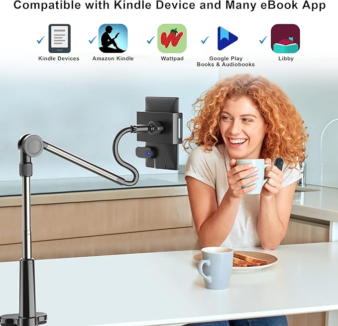 Foldable Tablet Holder for Kindle Reading in Bed with Remote Page Turner, No Stiff Easy Adjust Flexible Tablet Arm Desk Holder, Ereader Accessories for Kindle Paperwhite/Scribe/Oasis, iPad, Phone