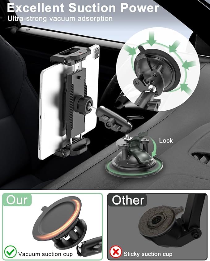Windshield Tablet Mount with Vacuum Suction Cup for Car/Truck, [360° Metal Foldable Adjustable Arm] Dashboard Tablet Holder for iPad Pro/Air/Mini, Galaxy, 6.1-15.6" Device and Thickness Case