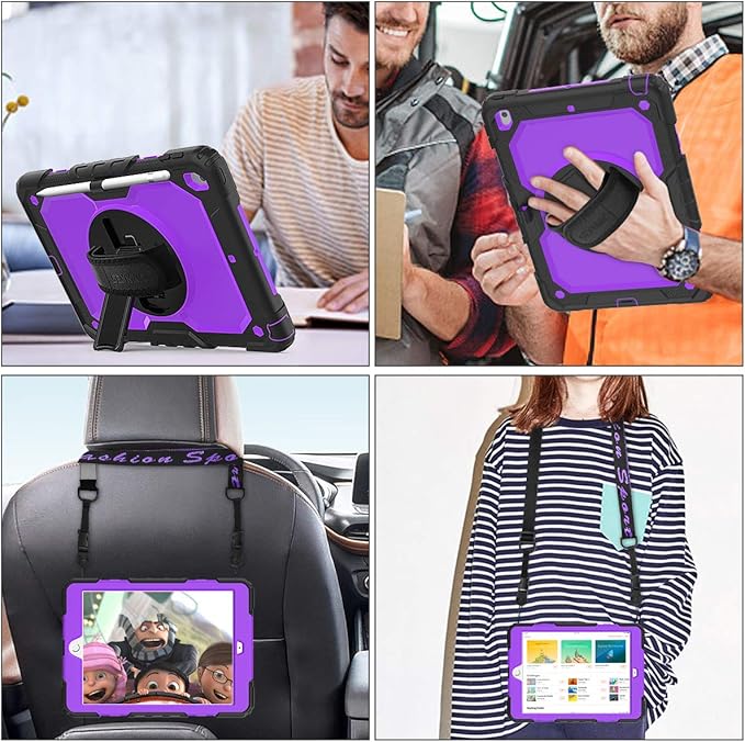 SEYMAC stock Case for iPad 9th/ 8th/ 7th Generation 10.2'', Shockproof with Screen Protector, Pencil Holder [360° Rotating Hand Strap] & Stand, for iPad 10.2 inch 2021-2019 (Purple+Black)