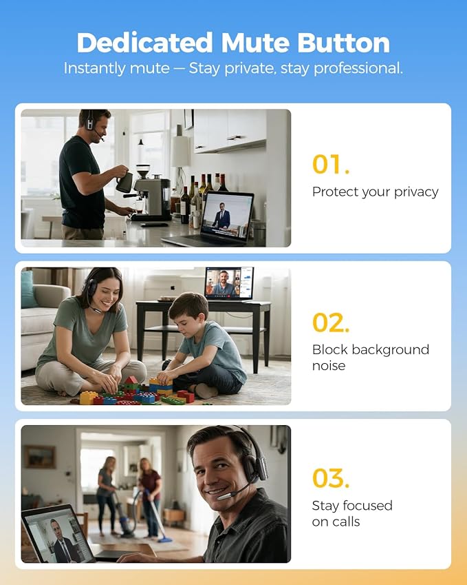 Trucker Bluetooth Headset, Wireless Headset with Mic for Work, Upgraded V5.3 Dual Noise Cancelling Microphones, Mute Button, Multipoint, 53H Battery, for Truck Drivers, Work from Home Office Phone