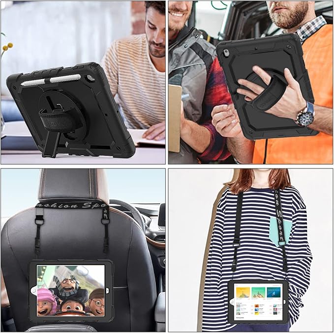 SEYMAC stock Case for iPad 9th/ 8th/ 7th Generation 10.2'', Shockproof with Screen Protector, Pencil Holder [360° Rotating Hand Strap] & Stand, for iPad 10.2 inch 2021-2019 (Black)