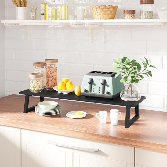 TEAMIX 31.5 inch Dual Monitor Riser, Long Black Monitor Stand Riser Wide TV Stand Riser Monitor Stand for 2 Monitors Wood & Steel Desktop Riser Desk Organization Home Office