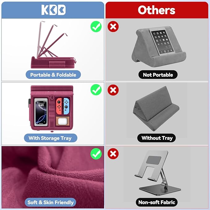 KDD Tablet Pillow Stand with Storage, Foldable iPad Holder for Lap, Desk and Bed, Angle Adjustable Soft Pad Dock with Stylus Mount Compatible with iPad Pro, Air, mini, Book, Phone and Tablet (4-13")