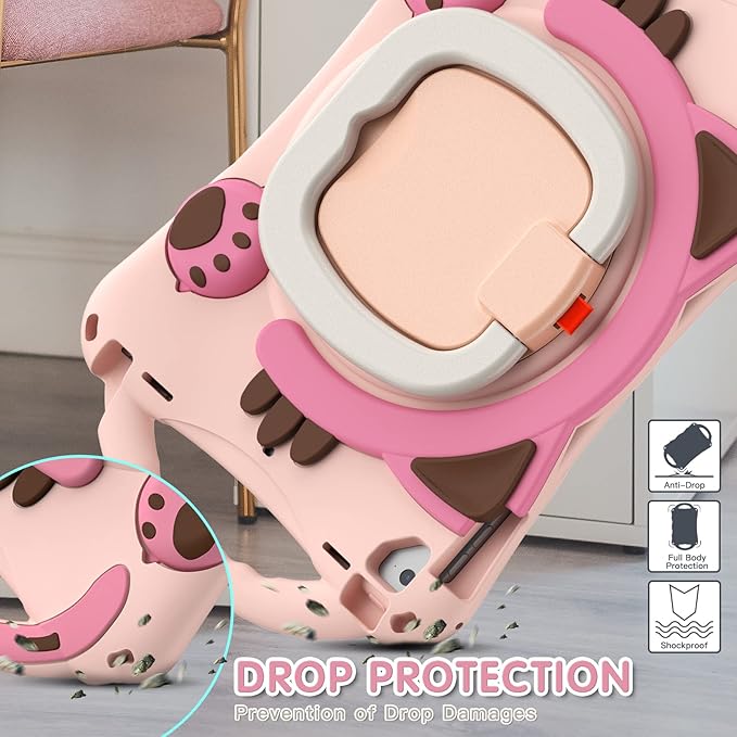 BRAECN Case for iPad 9.7 inch 6th Generation 2018/ iPad 5th Gen 2017, iPad Air 2/ Air 1/ iPad Pro 9.7'', Protective Cover with Pencil Holder & Kickstand & Shoulder Strap, Cute Cat Case for Kids-Pink