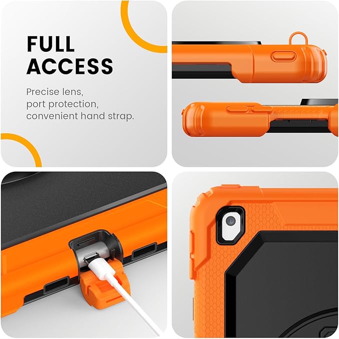 Timecity Case for iPad 9th/ 8th/ 7th Generation 10.2 inch - Heavy Duty Protective Cover with Screen Protector, Rotating Stand, Shoulder Strap & Pencil Holder | Kids-Friendly (Orange)